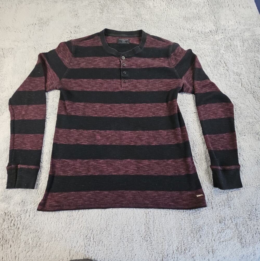 Mens Large Red Black Striped Waffle Knit Long Sleeve Shirt Logo by Express